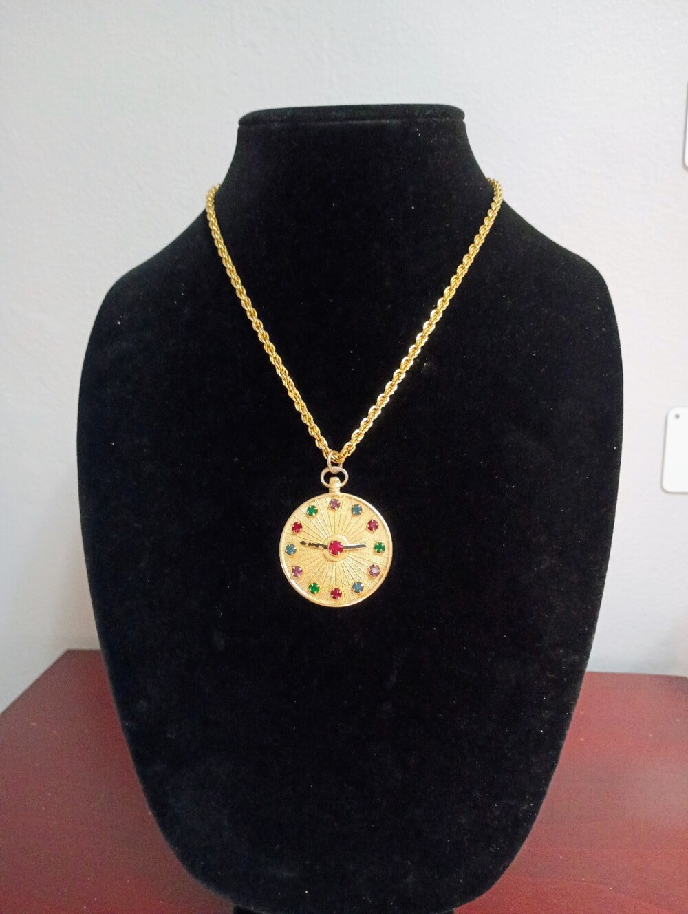 Gold Tone Rope Chain Necklace Round Round Faux Clock Face Pendant